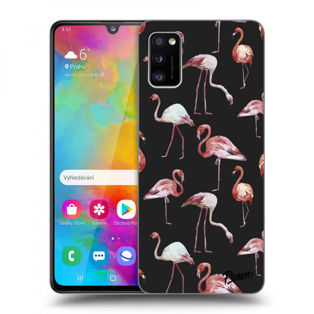 Picasee silikónový čierny obal pre Samsung Galaxy A41 A415F - Flamingos