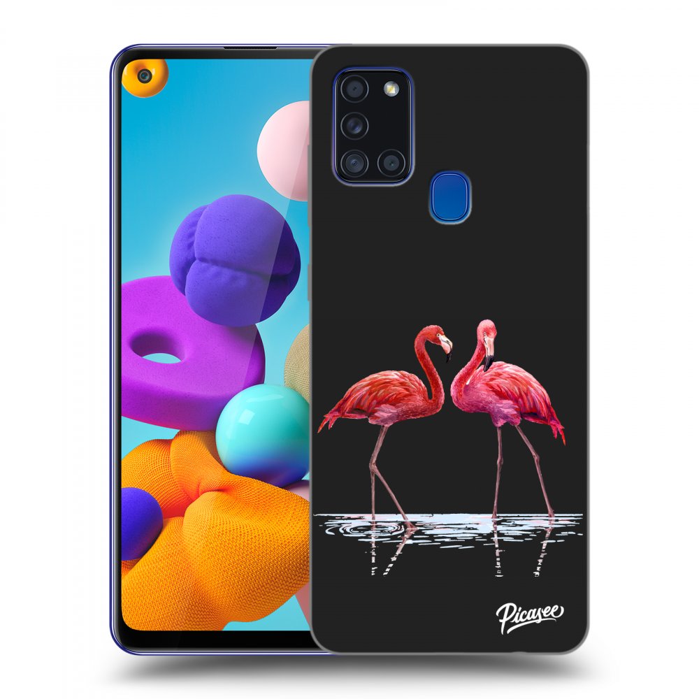Picasee silikónový čierny obal pre Samsung Galaxy A21s - Flamingos couple