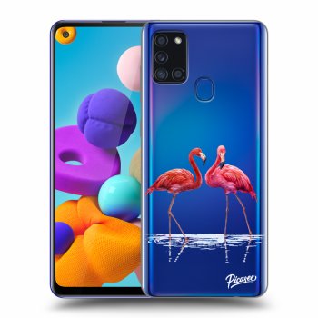 Picasee silikónový prehľadný obal pre Samsung Galaxy A21s - Flamingos couple