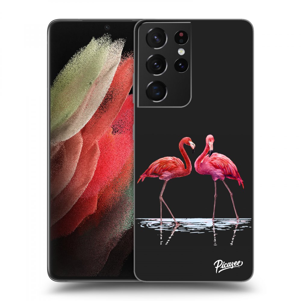 Picasee silikónový čierny obal pre Samsung Galaxy S21 Ultra 5G G998B - Flamingos couple