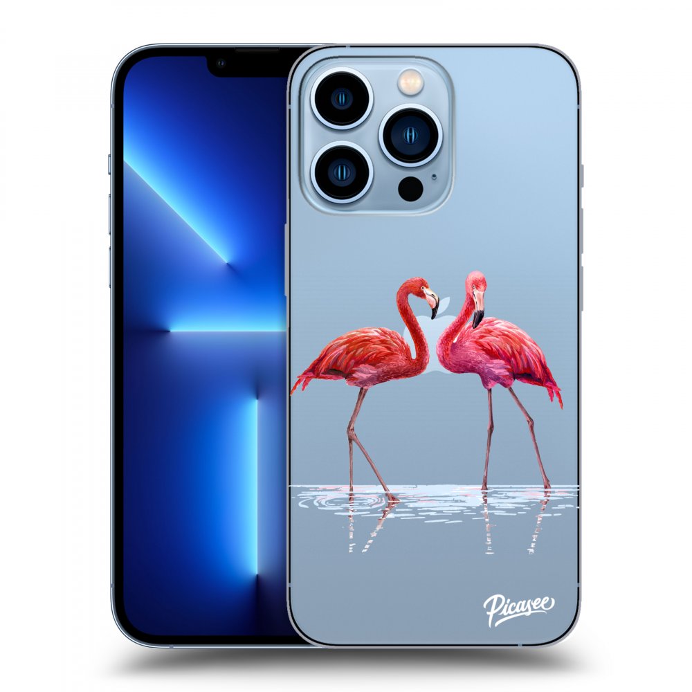 Picasee silikónový prehľadný obal pre Apple iPhone 13 Pro - Flamingos couple