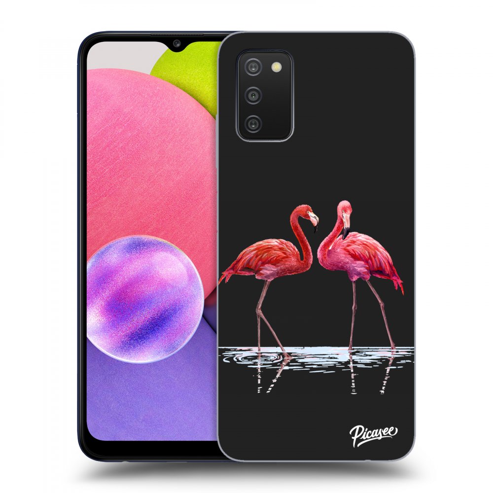 Picasee silikónový čierny obal pre Samsung Galaxy A02s A025G - Flamingos couple