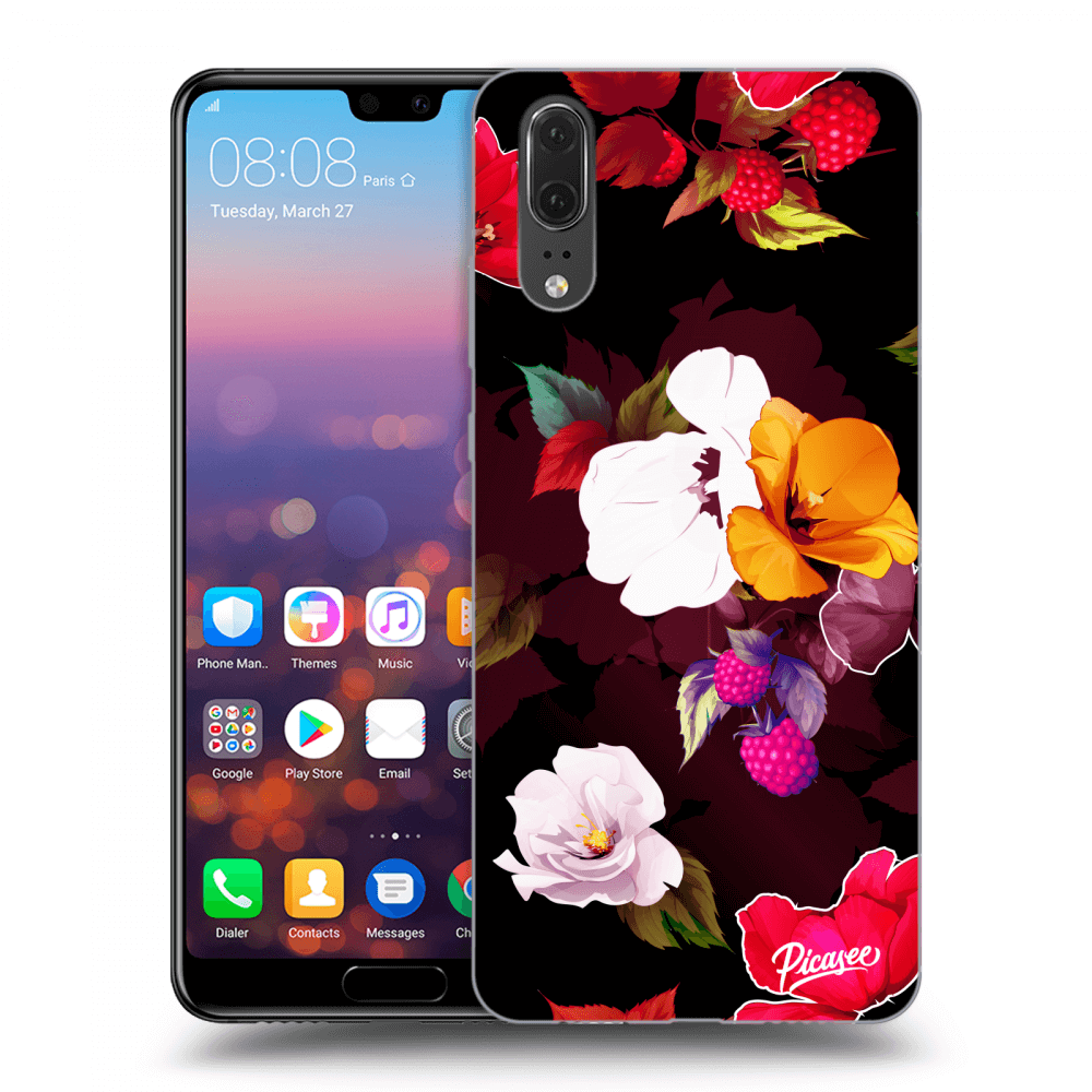 Picasee silikónový čierny obal pre Huawei P20 - Flowers and Berries
