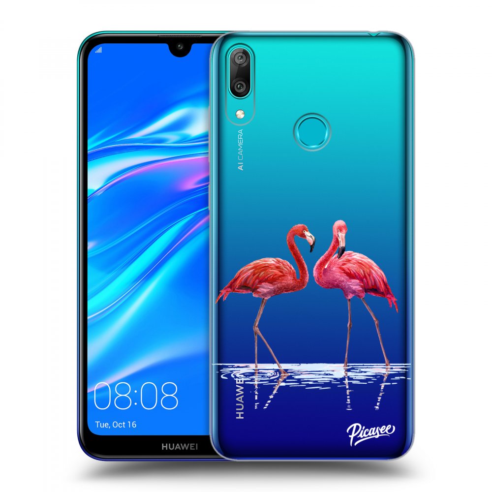 Picasee silikónový prehľadný obal pre Huawei Y7 2019 - Flamingos couple