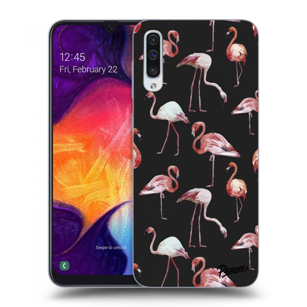 Picasee silikónový čierny obal pre Samsung Galaxy A50 A505F - Flamingos
