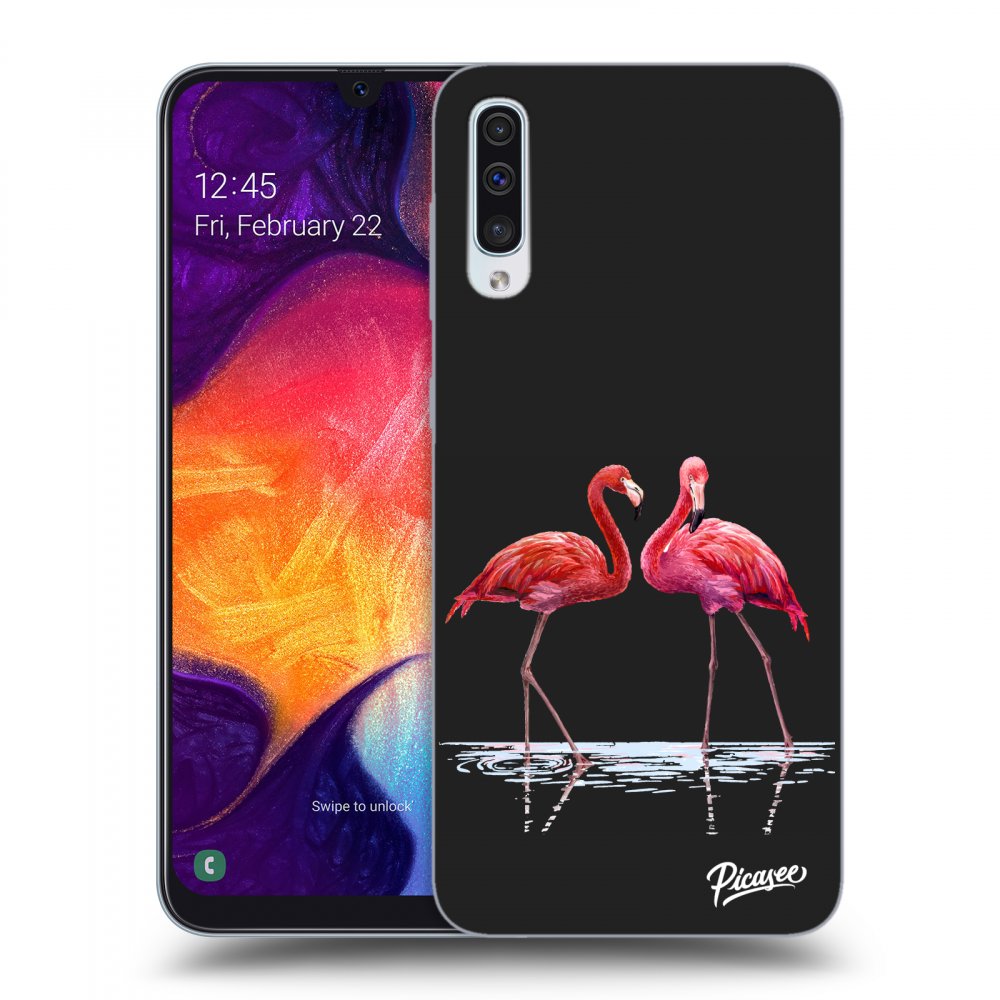 Picasee silikónový čierny obal pre Samsung Galaxy A50 A505F - Flamingos couple