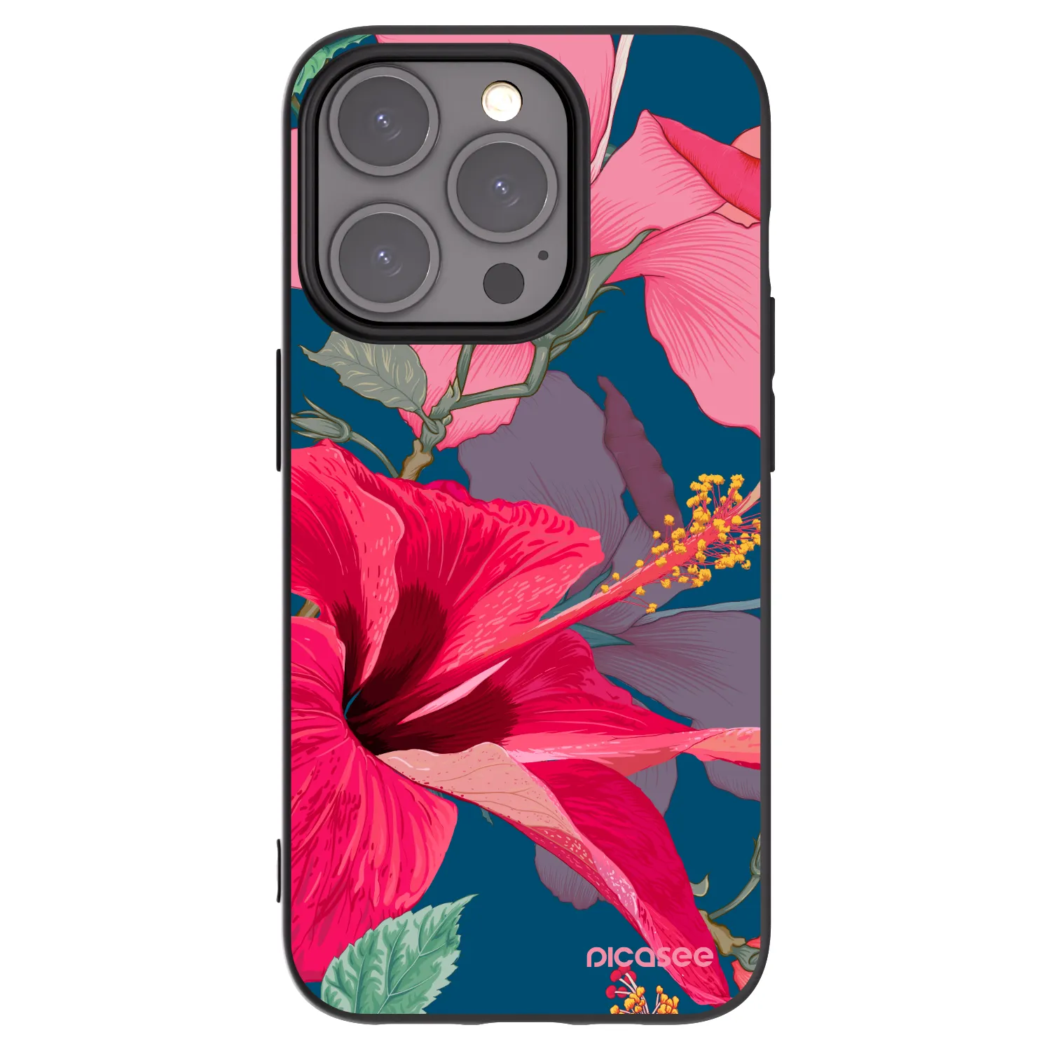 Silikónový čierny obal pre Apple iPhone 15 Pro - Hibiscus