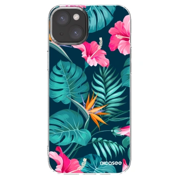 Picasee silikónový prehľadný obal pre Apple iPhone 15 Plus - Pink Monstera